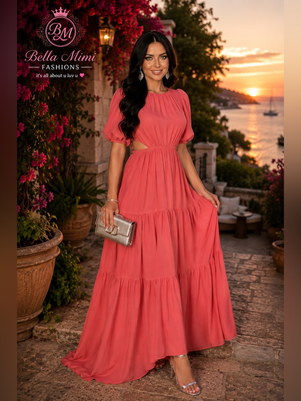 NWT Umgee Coral Pink Maxi Dress with Cutout Waist midi Dress Size M 🌸 BRB SL 2